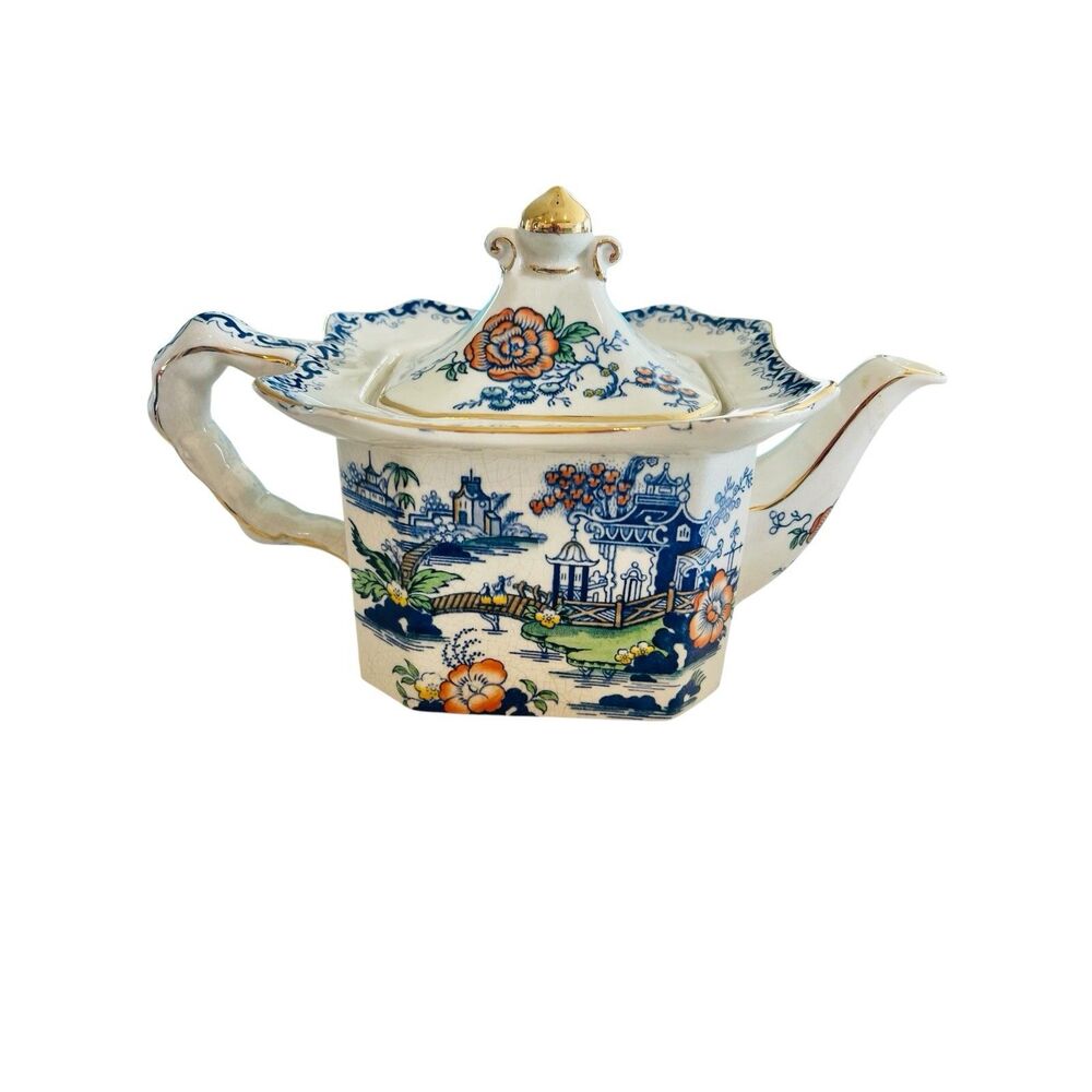 Vintage Staffordshire England Ironstone Pagoda Chinoiserie Teapot Gold Trim